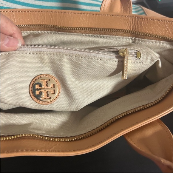 Tory Sophia Canvas Burch Aqua and Tan Striped Tote - Picture 4 of 15